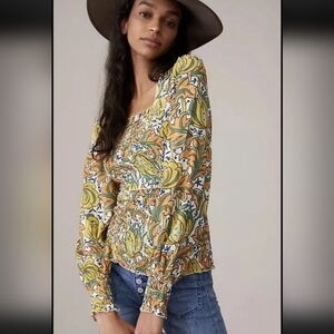 Anthropologie The Rayna Button Down Smocked Top Puff Sleeve Floral Women's XS